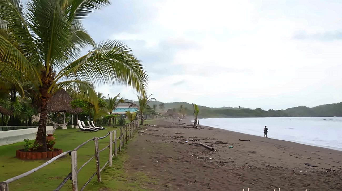 Palm-lined beach with thatched ranchos on the Azuero Peninsula coast