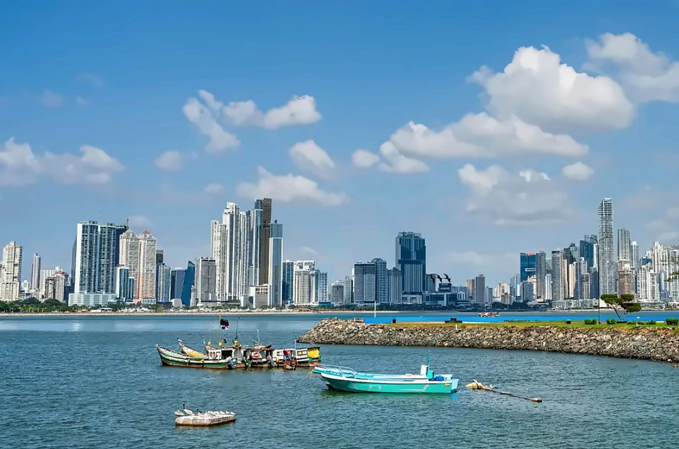 Panama City skyline across the bay from the Amador Causeway